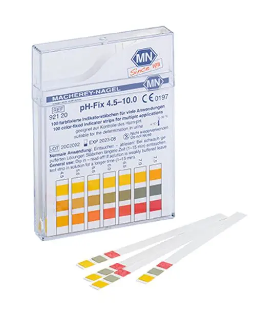 Wasserprüfeinrichtung von Grünbeck mit pH-Indikatorstreifen zur Bestimmung des pH-Wertes zwischen 4,5 und 10, in einer transparenten Verpackung.